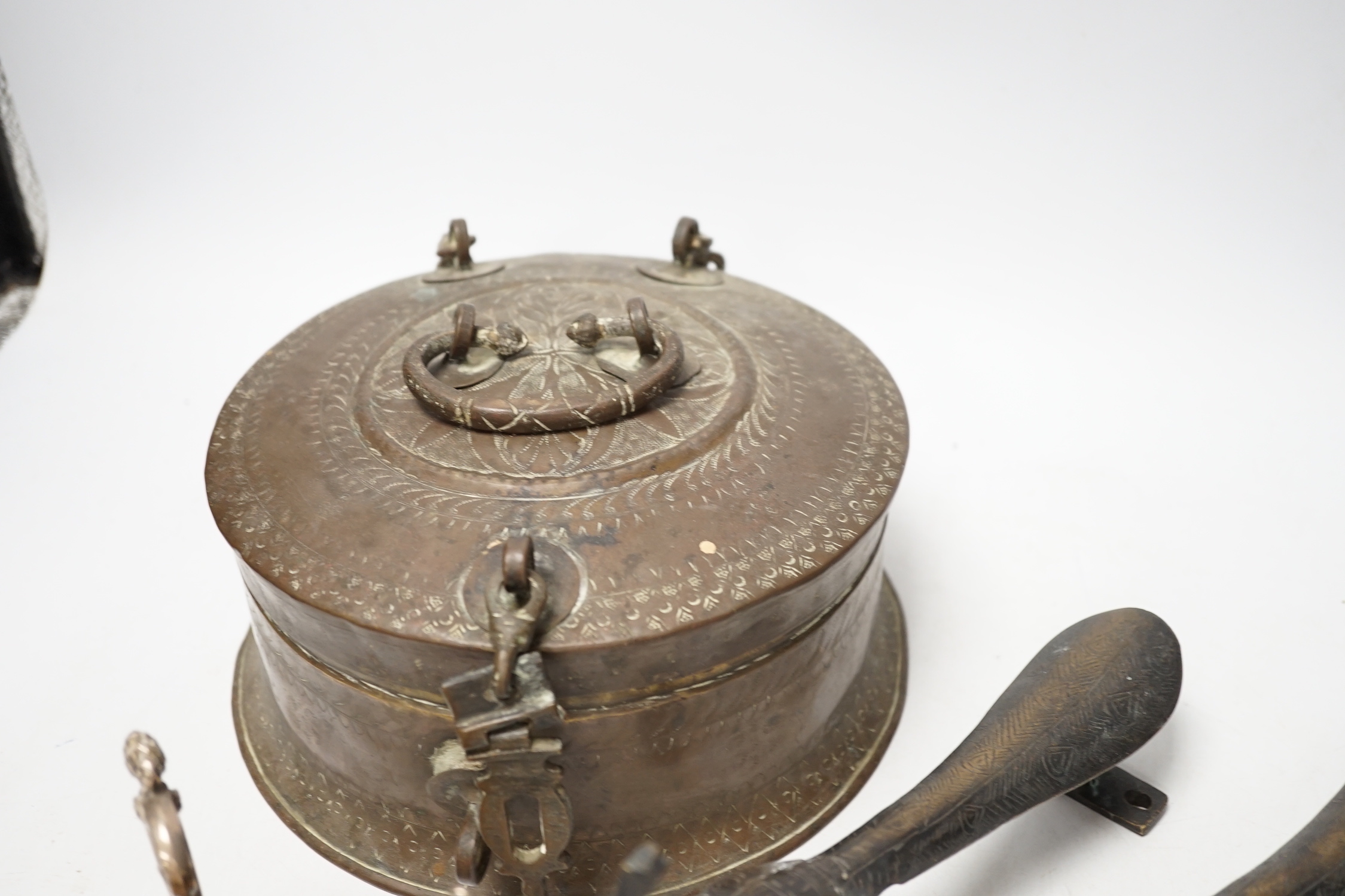 A hardwood stem hurricane lamp and assorted Indian brassware, lamp 71 cm high